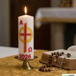 Feuer des Glaubens – christliche Osterkerze mit Kreuz & goldgelbem Sonnenring, handverzierte Echtwachskunst