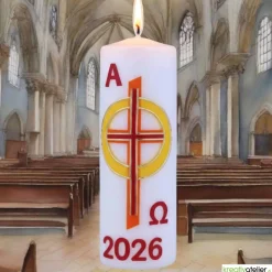 Feuer des Glaubens – christliche Osterkerze mit Kreuz & goldgelbem Sonnenring, handverzierte Echtwachskunst