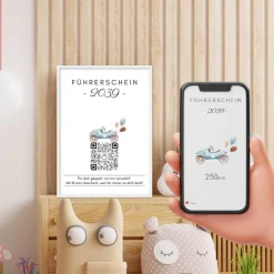 Führerschein Zuschuss | Geldgeschenk | Personalisiertes Virtuelles Sparbuch | QrCode Bild | Auto Blau