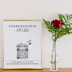 Führerschein Zuschuss | Geldgeschenk | Personalisiertes Virtuelles Sparbuch | QrCode Bild | Auto Blau