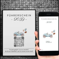 Führerschein Zuschuss | Geldgeschenk | Personalisiertes Virtuelles Sparbuch | QrCode Bild | Auto Blau