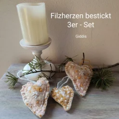 Filzherzen-Weihnachtsdeko-3 -Set, hellbraun/weiß