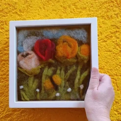 Filzkunst, Filzblumen, Osterbild, gefilzt im 3-D- Bilderrahmen
