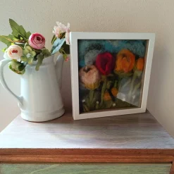 Filzkunst, Filzblumen, Osterbild, gefilzt im 3-D- Bilderrahmen