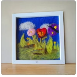 Filzkunst, Filzblumen, Osterbild, gefilzt im 3-D- Bilderrahmen