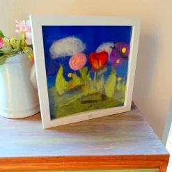 Filzkunst, Filzblumen, Osterbild, gefilzt im 3-D- Bilderrahmen