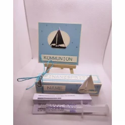 Finanzspritze mit Karte zur Kommunion - für Jungs, Geldgeschenk mal anders