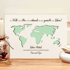 Firmung Geschenk personalisiert – Geldgeschenk Bilderrahmen mit Weltkarte und Wunschname