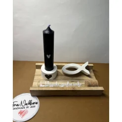 Fisch, Wunscherfüller mit kleinem Kerzenständer, schwarzer Kerze mit Herz inkl. Holzverpackung, Geldgeschenk,