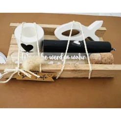 Fisch, Wunscherfüller mit kleinem Kerzenständer, schwarzer Kerze mit Herz inkl. Holzverpackung, Geldgeschenk,