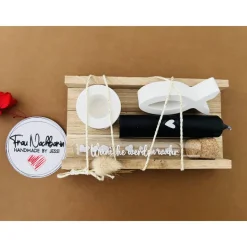 Fisch, Wunscherfüller mit kleinem Kerzenständer, schwarzer Kerze mit Herz inkl. Holzverpackung, Geldgeschenk,