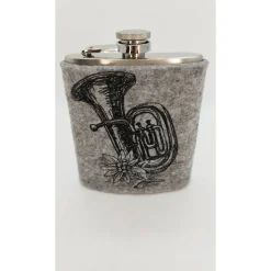 Flachmann aus Edelstahl mit bestickter Filzhülle