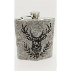 Flachmann aus Edelstahl mit bestickter Filzhülle