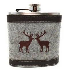 Flachmann Edelstahl 180 ml + Hülle bestickt mit Hirsch aus Wollfilz + Leder inkl. Geschenkbox - Farbauswahl