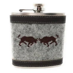 Flachmann Edelstahl 180 ml + Hülle bestickt mit Stier aus Wollfilz + Leder inkl. Geschenkbox - Farbauswahl