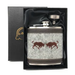 Flachmann Edelstahl 180 ml + Hülle bestickt mit Stier aus Wollfilz + Leder inkl. Geschenkbox - Farbauswahl