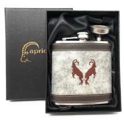Flachmann Edelstahl 180 ml + Hülle bestickt mit Steinbock aus Wollfilz + Leder inkl. Geschenkbox - Farbauswahl
