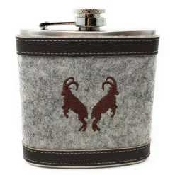 Flachmann Edelstahl 180 ml + Hülle bestickt mit Steinbock aus Wollfilz + Leder inkl. Geschenkbox - Farbauswahl