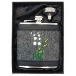 Flachmann Edelstahl 180 ml + Hülle bestickt mit Maiglöckchen aus Wollfilz + Leder inkl. Geschenkbox - Farbauswahl
