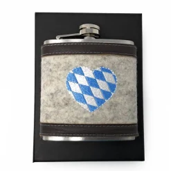 Flachmann Edelstahl 180 ml + Hülle bestickt mit Bayern-Herz aus Wollfilz + Leder inkl. Geschenkbox - Farbauswahl