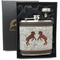Flachmann Edelstahl 180 ml + Hülle bestickt mit Widder aus Wollfilz + Leder inkl. Geschenkbox - Farbauswahl
