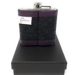 Flachmann Edelstahl 180 ml + Hülle bestickt mit Distel aus Wollfilz + Leder inkl. Geschenkbox - Farbauswahl
