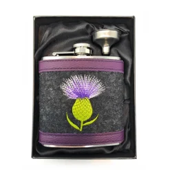 Flachmann Edelstahl 180 ml + Hülle bestickt mit Distel aus Wollfilz + Leder inkl. Geschenkbox - Farbauswahl