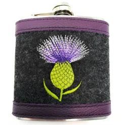 Flachmann Edelstahl 180 ml + Hülle bestickt mit Distel aus Wollfilz + Leder inkl. Geschenkbox - Farbauswahl
