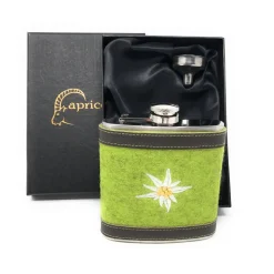 Flachmann Edelstahl 180 ml + Hülle bestickt mit Edelweiß aus Wollfilz + Leder inkl. Geschenkbox - Farbauswahl