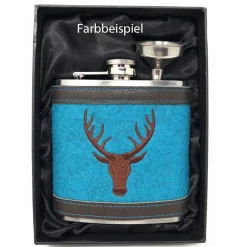Flachmann HIRSCH + Hülle bestickt Wollfilz + Leder inkl. Geschenkbox - Farbauswahl Edelstahl 180 ml