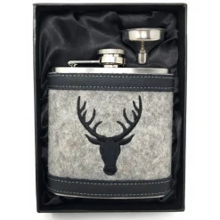 Flachmann HIRSCH + Hülle bestickt Wollfilz + Leder inkl. Geschenkbox - Farbauswahl Edelstahl 180 ml