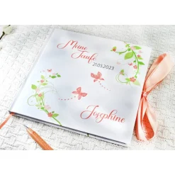 florales Gästebuch & Album zur Taufe mit Blume & Schmetterling in Hellgrün / Pfirsich blanko o. mit Fragen / Fragebogen