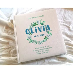 Fotoalbum echtes Leinen personalisierbar Taufe Geburt Aquarell Greenery Symbole Gästebuch
