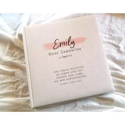 Fotoalbum echtes Leinen personalisierbar Taufe Geburt Calligraphie Minimalismus Gästebuch