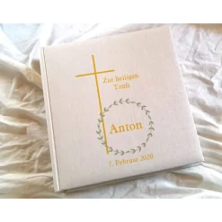 Fotoalbum echtes Leinen personalisierbar Taufe Geburt Kreuz Greenery Gästebuch