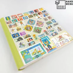 Fotoalbum, Geburt, Taufe, Kind, personalisierbar, hellgrün, Briefmarken, 30,7 x 30 cm, UNIKAT