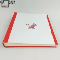 Fotoalbum, hellrot, handgeschöpft, Kinderwagen, personalisierbar, ca. 24 x 24 cm, Geburt