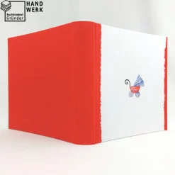 Fotoalbum, hellrot, handgeschöpft, Kinderwagen, personalisierbar, ca. 24 x 24 cm, Geburt