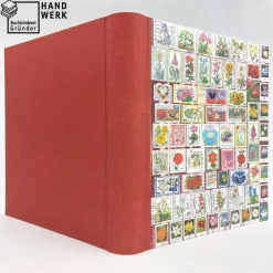 Fotoalbum, Hochzeit, personalisierbar, dunkelrot, Blumen, Briefmarken, 29 x 23 cm, UNIKAT upcycling