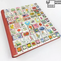 Fotoalbum, Hochzeit, personalisierbar, dunkelrot, Blumen, Briefmarken, 29 x 23 cm, UNIKAT upcycling