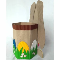 Frecher Osterhase mit Geschenkbox als Osterkörbchen oder Frühlingsdeko, Osternest, Häschen aus Wellpappe, Schlappohrhase