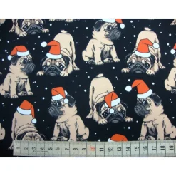 French Terry Stoff Weihnachtsmops mit Nikolausmütze – Sweat Meterware in Rot, Weiß, Beige, Schwarz – Öko-Tex