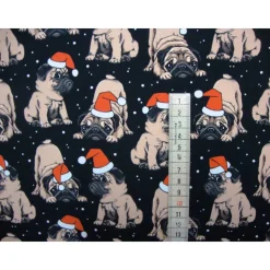 French Terry Stoff Weihnachtsmops mit Nikolausmütze – Sweat Meterware in Rot, Weiß, Beige, Schwarz – Öko-Tex