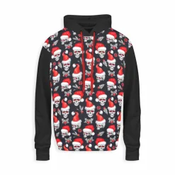 French Terry Sweat Totenkopf mit Nikolausmütze – Weihnachtstotenköpfe Meterware – Skulls Stoff nähen