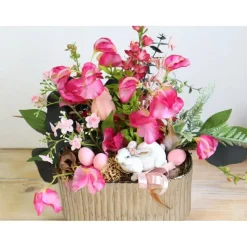 Frühlingsdeko Tischgesteck rosa silberfarbig edel Hase