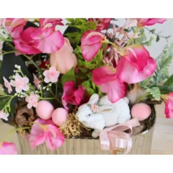 Frühlingsdeko Tischgesteck rosa silberfarbig edel Hase