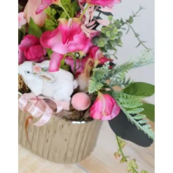 Frühlingsdeko Tischgesteck rosa silberfarbig edel Hase