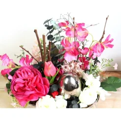 Frühlingsdeko Tischgesteck rosa silberfarbig