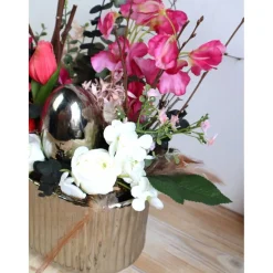 Frühlingsdeko Tischgesteck rosa silberfarbig