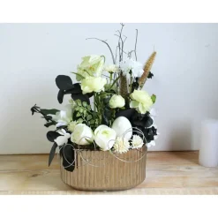 Frühlingsdeko Tischgesteck Osterdeko weiß silberfarbig edel